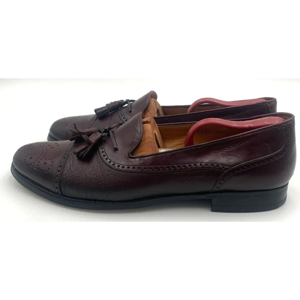 Mezlan Havana Burgundy Leather Tassel Cap Toe Slip On Loafer Shoes Men's SZ 9.5B